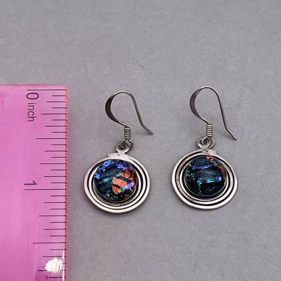 925 Sterling Silver Round Dichroic Glass Dangle Drop Earring Hook Closure - Picture 9 of 11